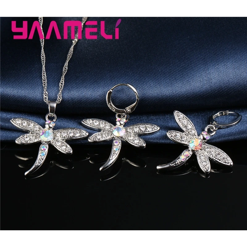 Glitter Colored Cubic Zircon Necklace Earrings Jewelry Sets for Women Girls CZ Crystal Dragonfly Real 925 Sterling Silver Color