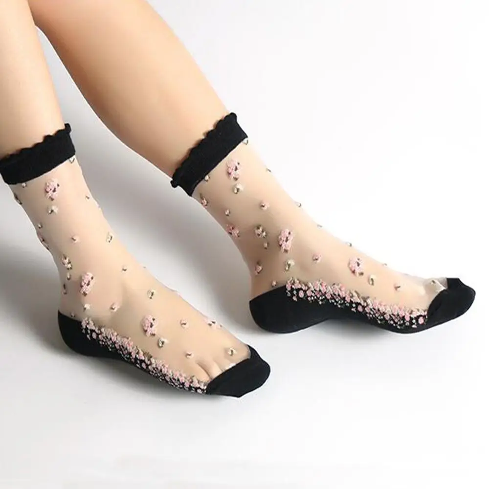 Calcetines transpirables ultrafinos para mujer, medias cortas elásticas de seda de encaje transparente con cristales y flores rosas, 1 par