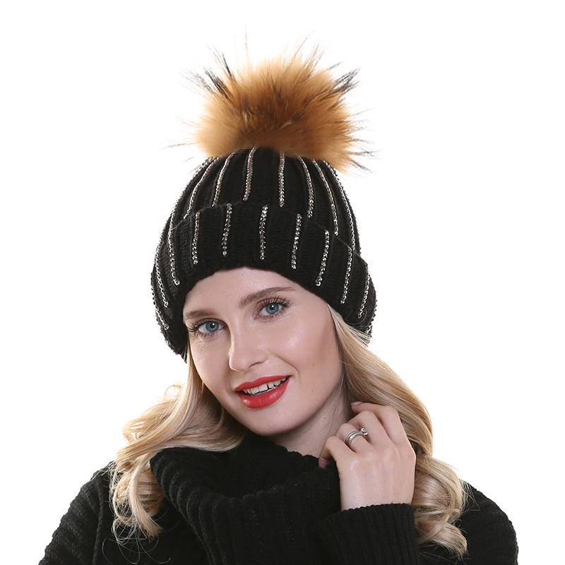 Winter Women Hat Bling Rhinestone Diamond Skullies Beanies For Ladies Fleece Inside Warm Knitted Hats Womens Real Fur Pompom Cap