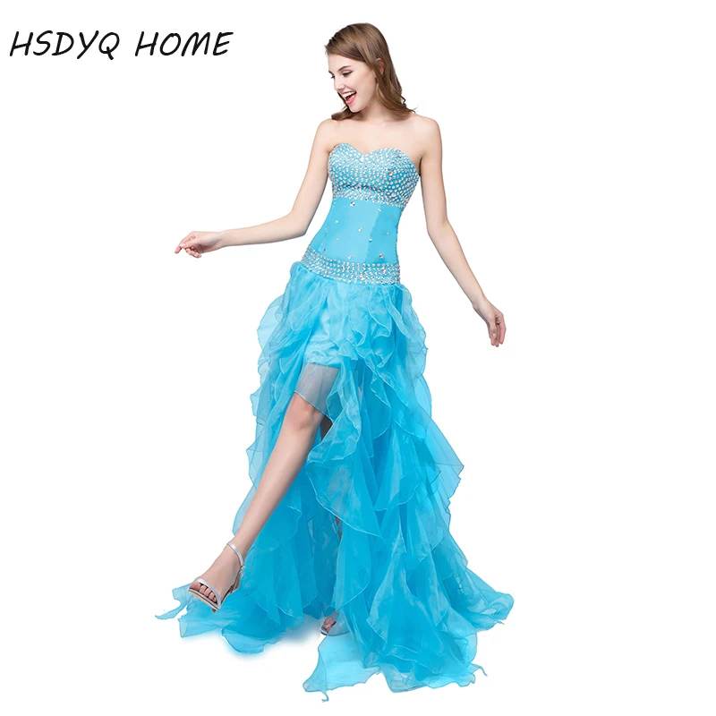 

High Low Blue Prom Dresses With Rhinestones And Ruffles Vestidos Sweetheart Evening Party Gown Sequines