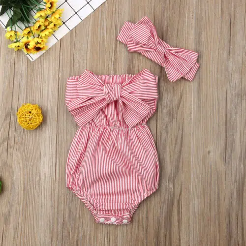 Newborn Baby Girl Bow Striped Bodysuit Jumpsuit Headband 2Pcs Toddler Kids Summer Outfit Rompers Playsuit Cotton Holiday Sunsuit