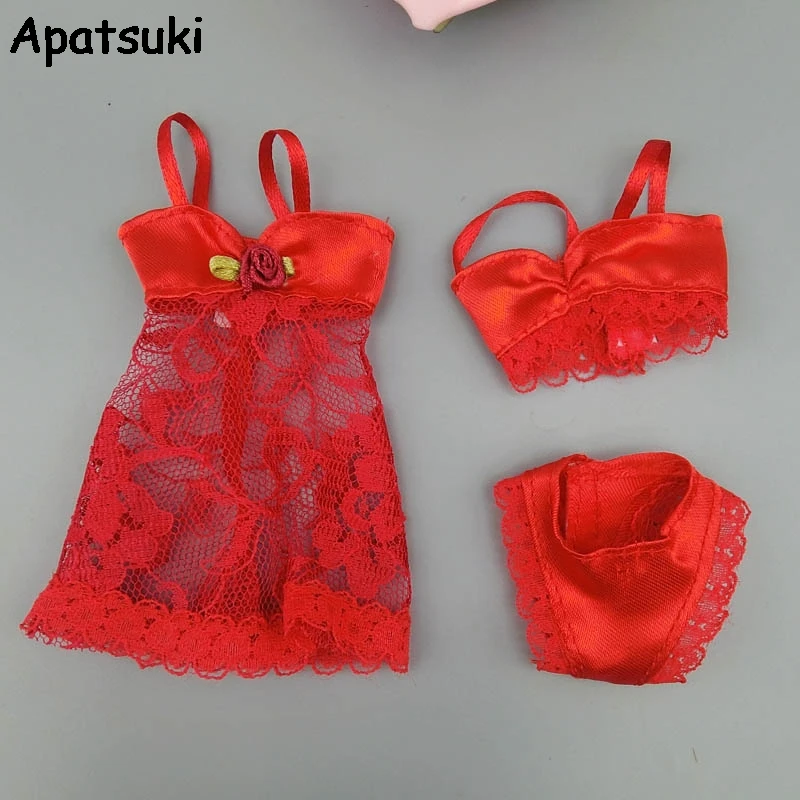 Red Fashion Clothes For Barbie Doll Pajamas Lingerie Nightwear Lace Night Dress + Bra + Underwear Clothes