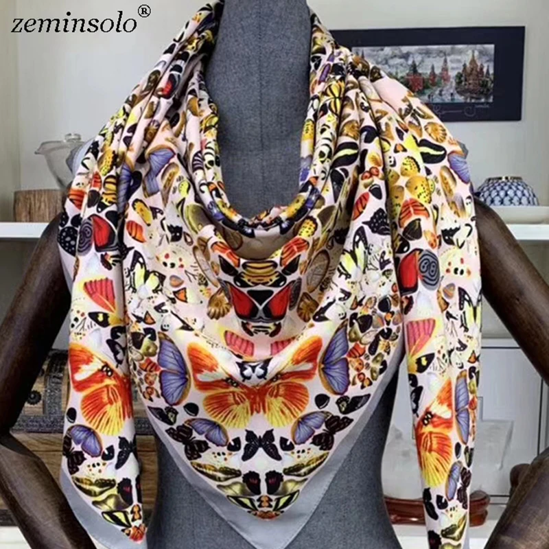 100% Silk Scarf Women Large Shawls Floral Printed Stoles Square Bandana Luxury Brand Kerchief Scarves Female Foulards 130*130cm