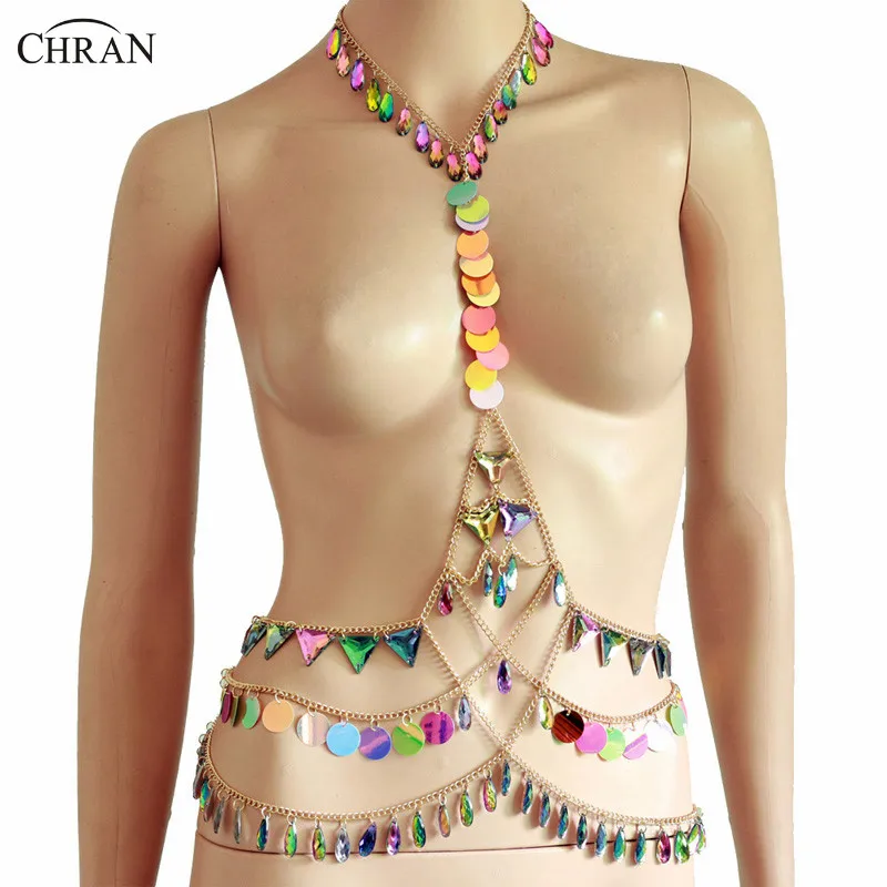 

Chran Multilayer Belly Waist Chain Halter Necklace Sexy Bikini Sequin Bra Body Chain Carnival Festival Costume Jewelry