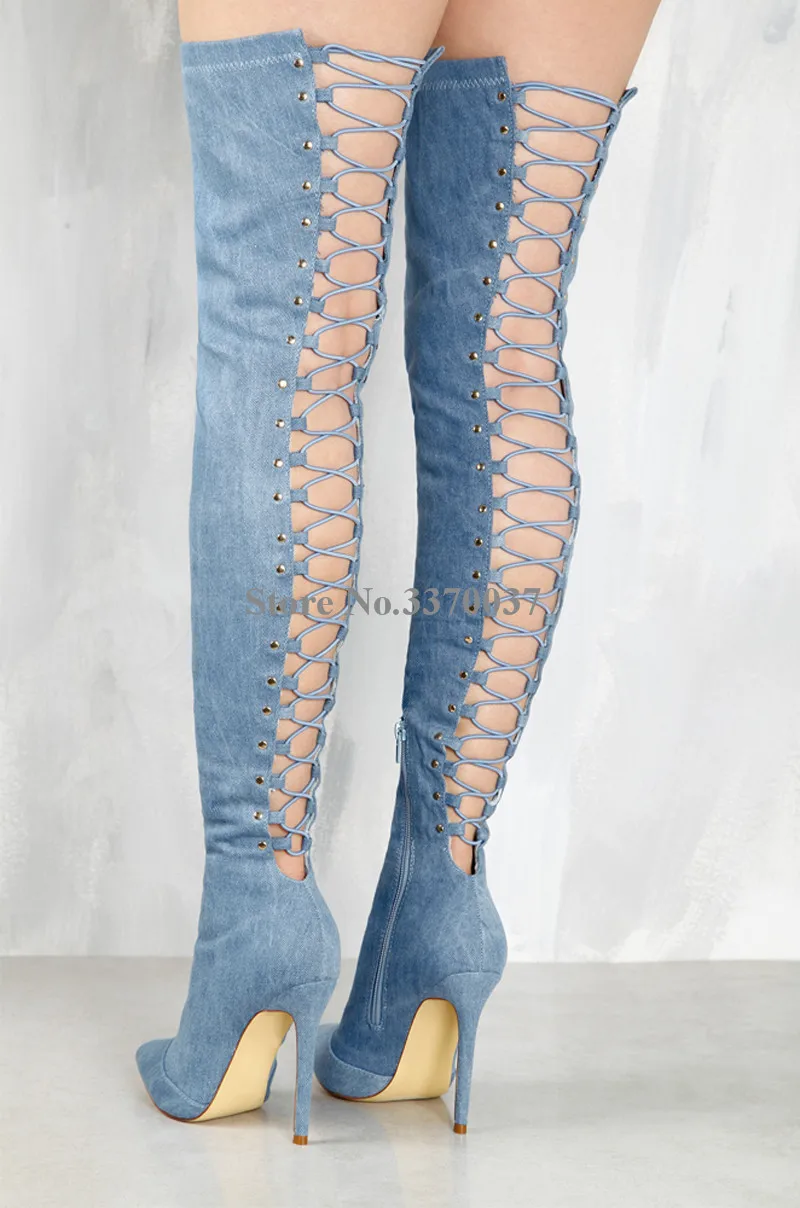 Women Newest Pointed Toe Over Knee Blue Denim Lace-up Gladiator Boots Back Cut-out Long High Heel Jean Boots Dress Shoes