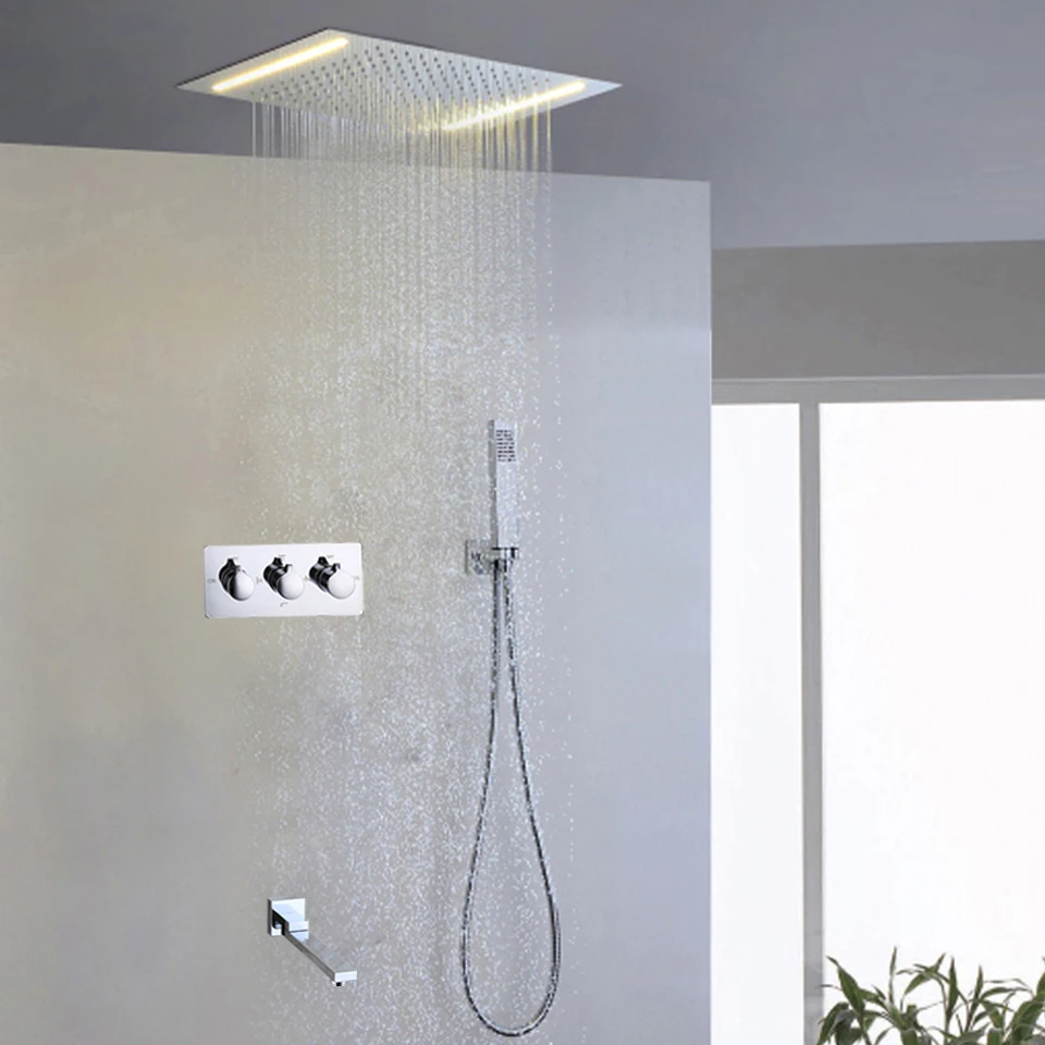 Bathroom Shower Faucet Set 100V~240V AC Yellow LED Rain Shower Head Hot & Cold Mixer Tap Valve Easy-Installation Contemporary