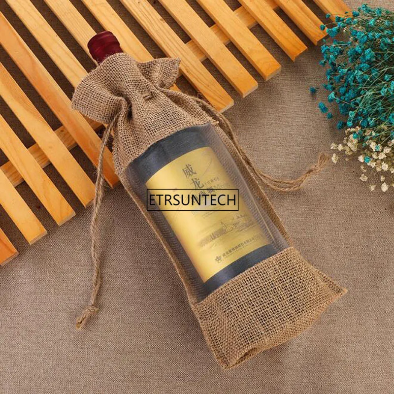 100pcs Natural Jute Burlap Wine Bottle Bag Window Champagne Packaging Gift Bag For Guest Party Decoration 14x30cm