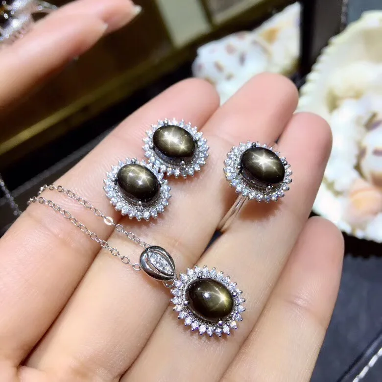 Simple suit, gemstone, natural star sapphire necklace ring stud earrings, party jewelry, 925 silver, gem star light,