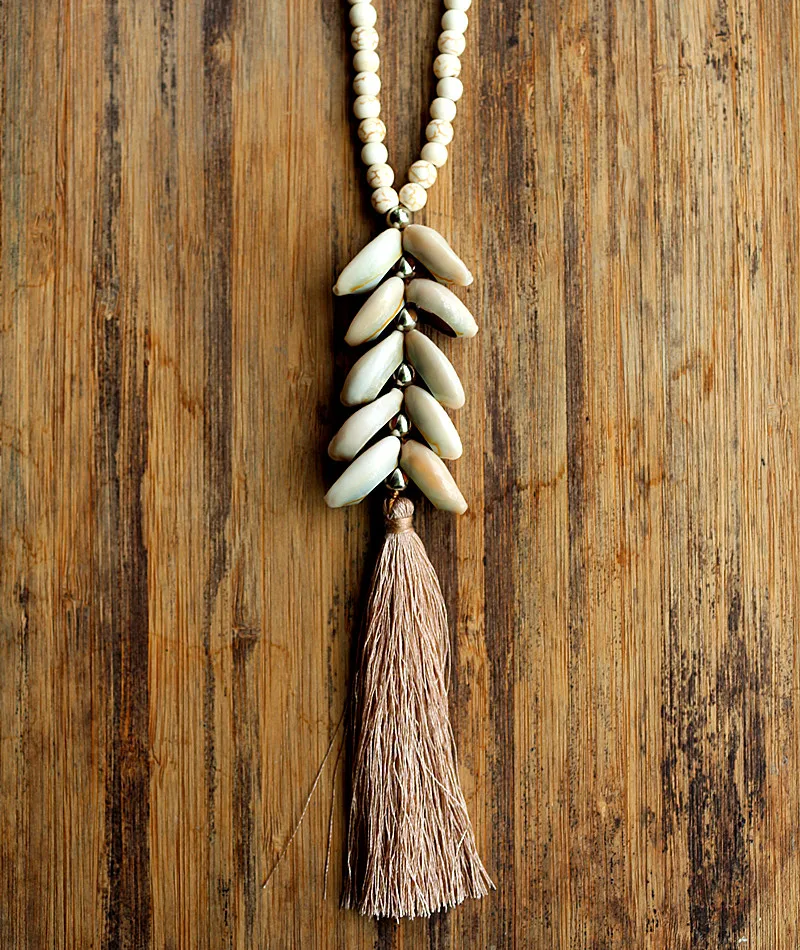 6mm White stone bead necklace with handmade Natural shell tassel long necklace for women jewelry