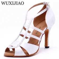 WUXIJIAO-zapatos de baile latino de satén blanco para mujer, calzado de Salsa con diamantes de imitación, para baile de salón, tacón de 5cm-10cm