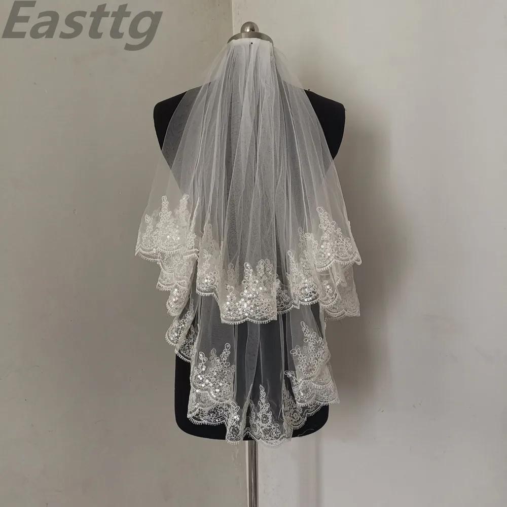 Easttg Weiß Elfenbein Mode Zwei Schicht Braut Schleier Tüll Hochzeit Schleier Mit Kamm Spitze Rand Hochzeit Zubehör Veu de Noiva