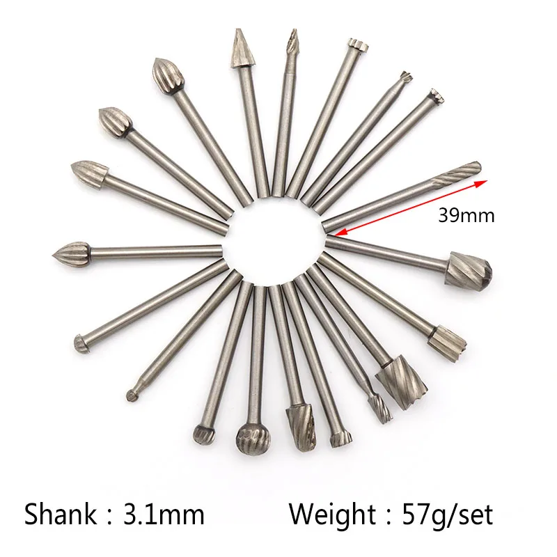 20pcs 3.1mm Shank HSS Milling Cutter Rotary Tool Burr Double Diamond Cut Rotary Polishing Tools For Soft Metal Plastic Wood