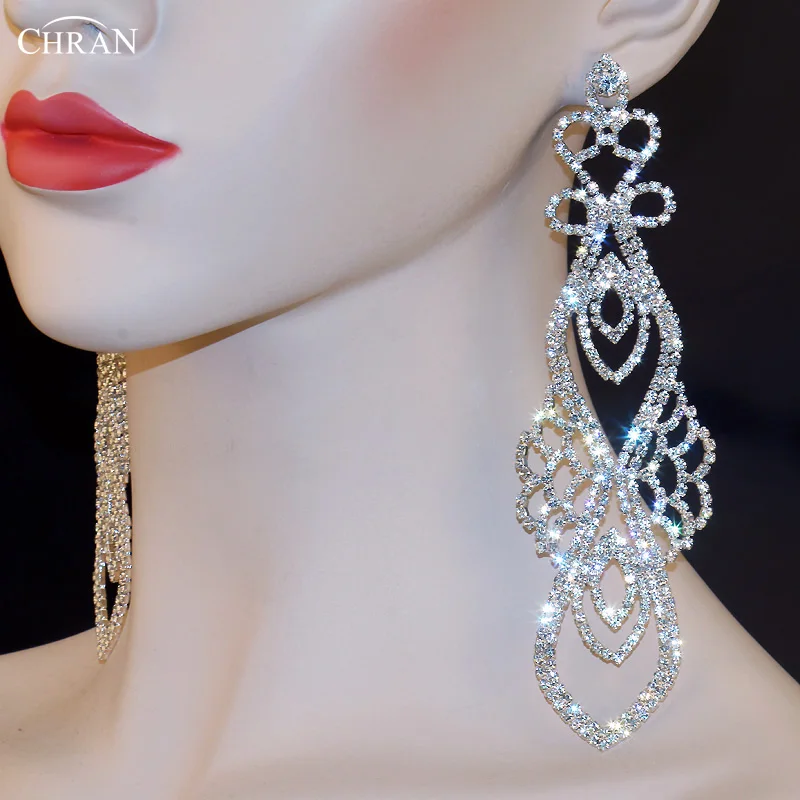 CHRAN Gold Color Rhinestone Chandelier Drop Long Earrings for Women  Wedding Statement Dangle Big Crystal Earring  Brides Jewelr