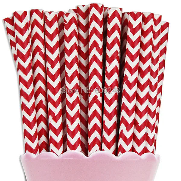 100 Pcs Mixed Colors Printed Red Chevron Paper Straws, Cheap Vintage Biodegradable Decorative Party Christmas Drinking Straws