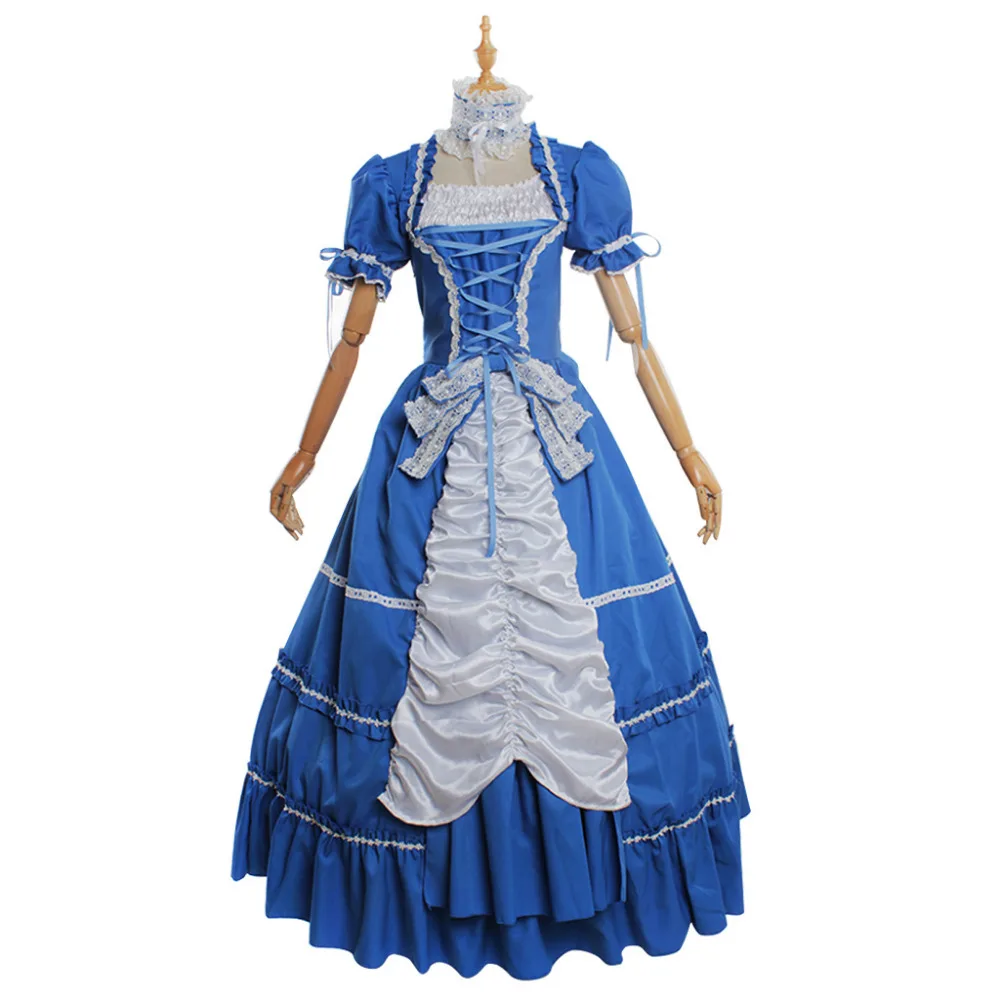 

Women's Elegant Blue Short Sleeves Retro Lace Bow Ruffles Gothic Lolita Dress Halloween Costume Cosplay