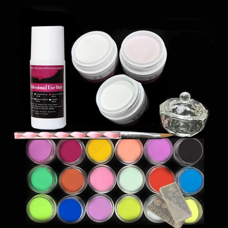 

P3Pcs acrylic nail kit Acrylic Powder Liquid 75ML & 18 colored powder Nail Art Tips Manicure Set power