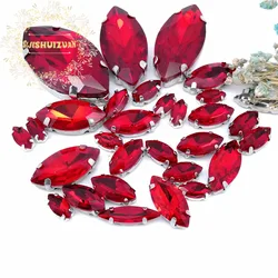 30PCS/Bag Red Mix Horse Eye Shape Size Glass Crystal Sew on Rhinestones With Silvery Claw Diy Wedding Dress Decoration