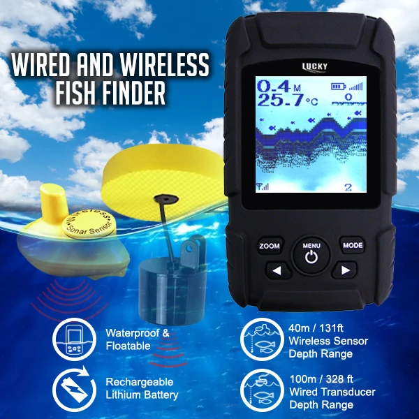 FF-718Li LUCKY 2-in-1 Fish Finder Waterproof Wireless Sonar Sensor / Wired Transducer Rechargeable Fishfinder Monitor