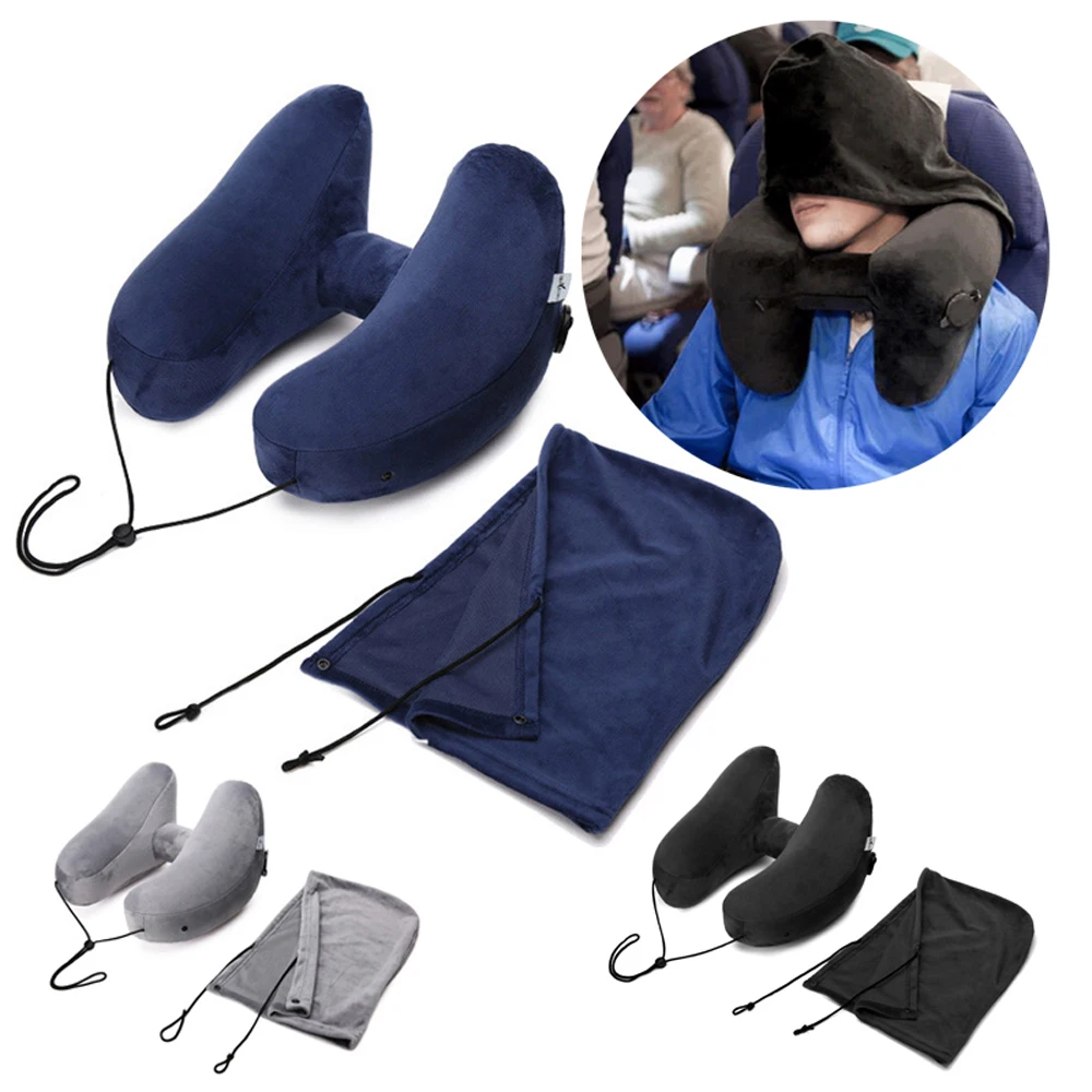 Hooded Travel Pillow H Shape Quick Inflation 360 Degree Support Neck Pillow For Office Airplane Train Travel Pillow For Sleeping