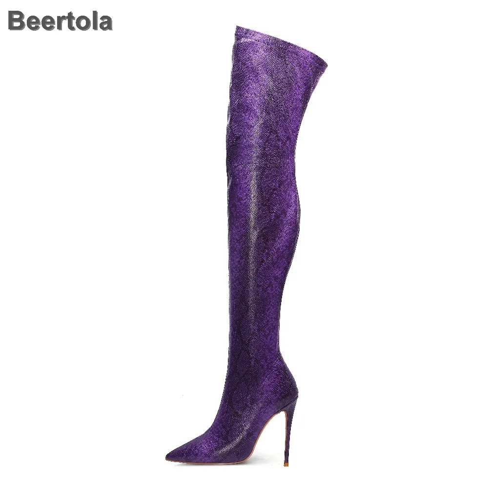 

Over The Knee Thigh High Boots Women Snake Print Boots Special Elastic Boots Zip Purple Party Dress Shoes Sexy Club Shoes Woman