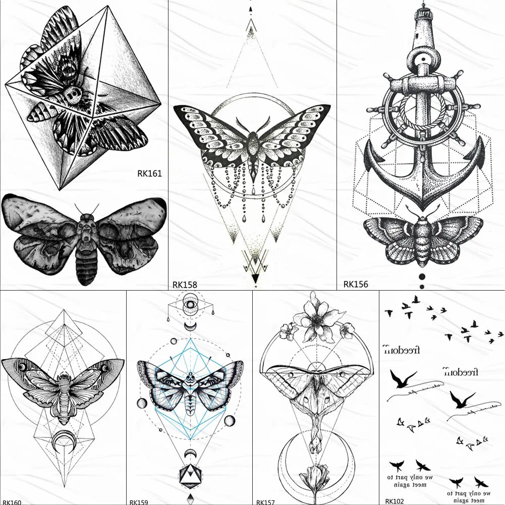 OMMGO Geometric Butterfly Moth Pendant Temporary Tattoos Sticker Anchor Diamond Circle Rhombus Tatoos Body Art Black Fake Tattoo