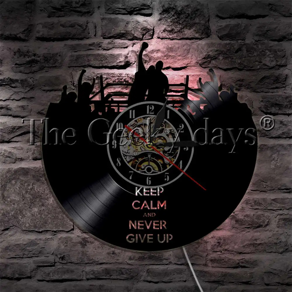 Keep Calm And Never Give Up Silhouette LED Light Vinyl Record Wall Clock Boxing Ring Knockout Wall Light Color Change