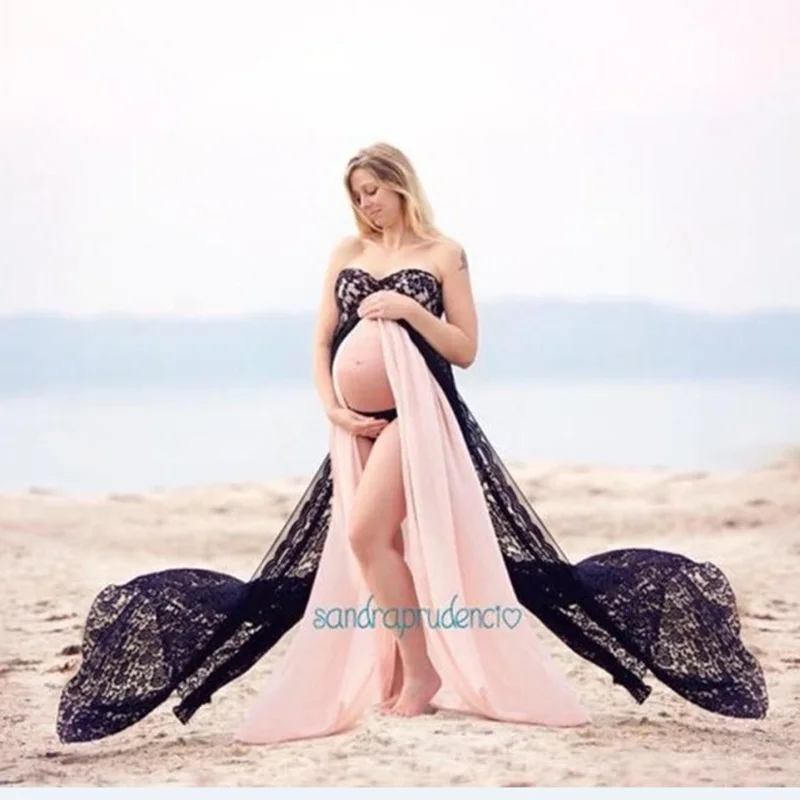 

Maternity Photography Props Fancy Maternity two-color Dresses Pregnant Clothes Maxi Lace Chiffon Dress Photo Session Dress