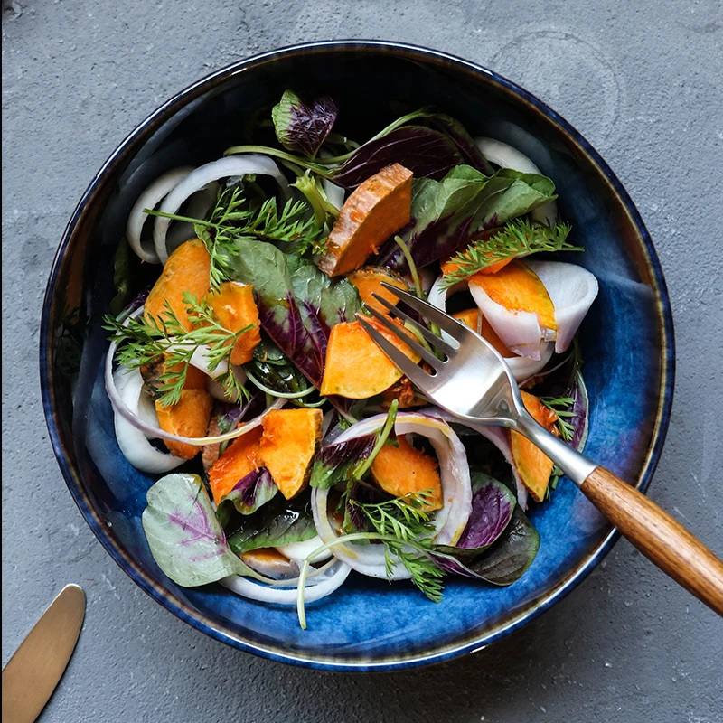 KINGLANG 2400ml Ceramic Deep Blue Salad Bowl Porcelain Dropping Bowl Wholesale Deep Bowl Capacity Bowl Tableware