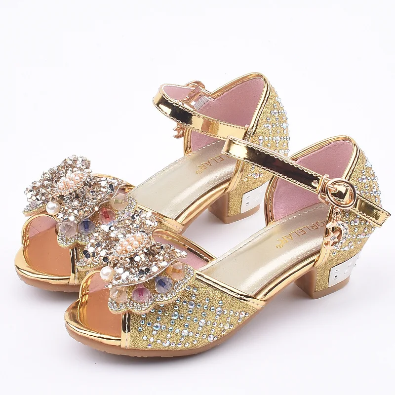 Little Girls Rhinestone Bow High-Heeled Sandals Princess Dancing Summer Pu Leather Shoe Big Girl 3 4 5 6 7 8 9 10 11 12 Year Old