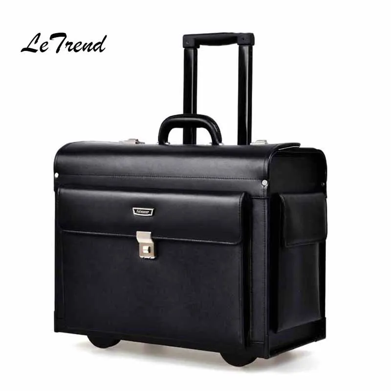 Letrend Cow Genuine Leather Rolling Luggage Pilots/captains dedicated flight Trolley Cabin Suitcases Wheels Laptop Travel Bag