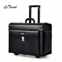 Letrend Cow Genuine Leather Rolling Luggage Pilots/captains dedicated flight Trolley Cabin Suitcases Wheels Laptop Travel Bag