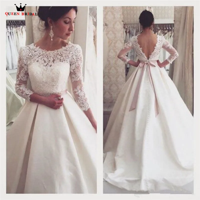

Ball Gown 3 4 Sleeve Lace Satin Elegant Formal Bridal Gown Wedding Dresses 2023 New Fashion Wedding Gowns Custom Made YB55