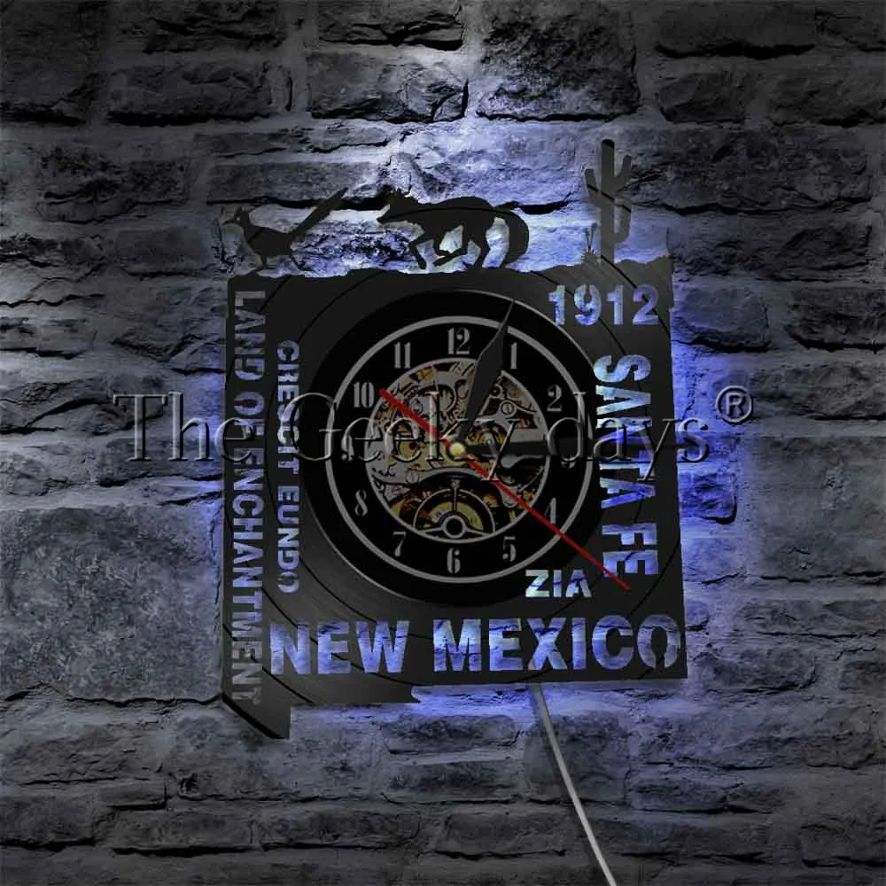 New Mexico Cityscape Vinyl Record Wall Clock With LED illumination USA Santa Fe Travel Home Decor Contemporary Wall Lamp