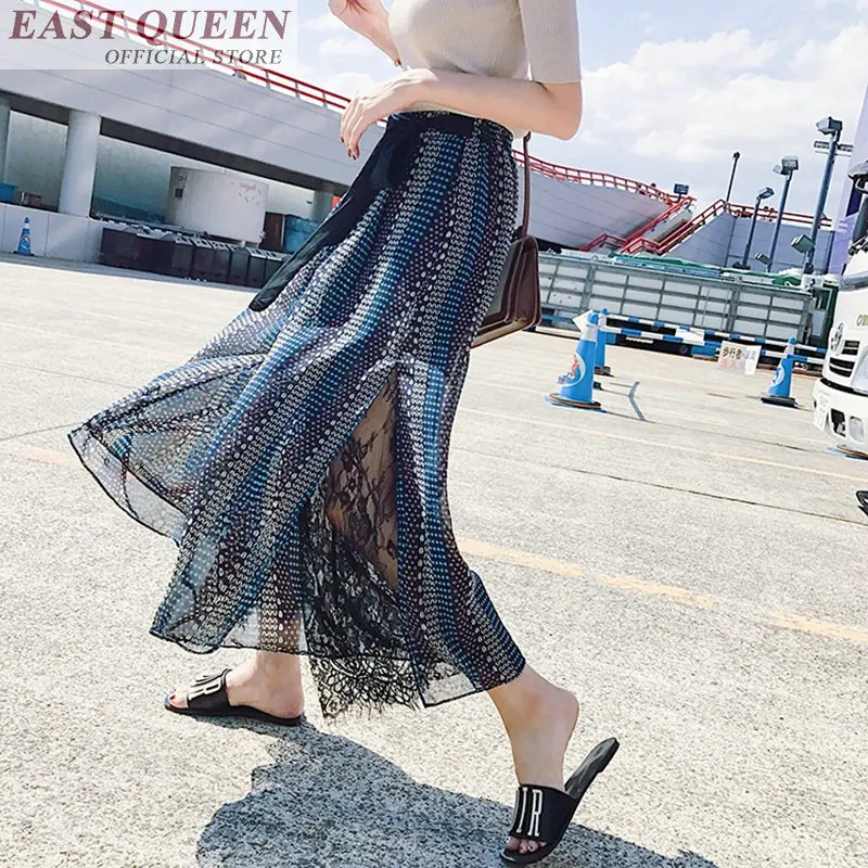 Wide leg pants bohemian chiffon floral print ankle-length pants elastic high waist loose casual female trousers DD659 L