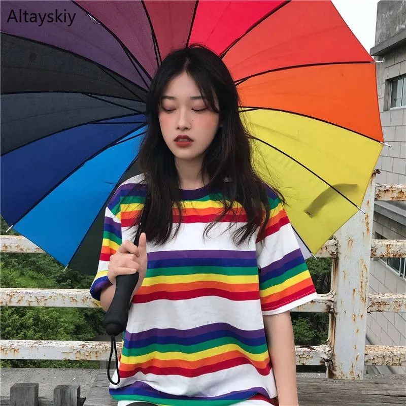 T-shirts Women 2020 Summer Harajuku Loose Korean Style Candy Color All-match Womens Striped O-Neck Short Sleeve Female Daily