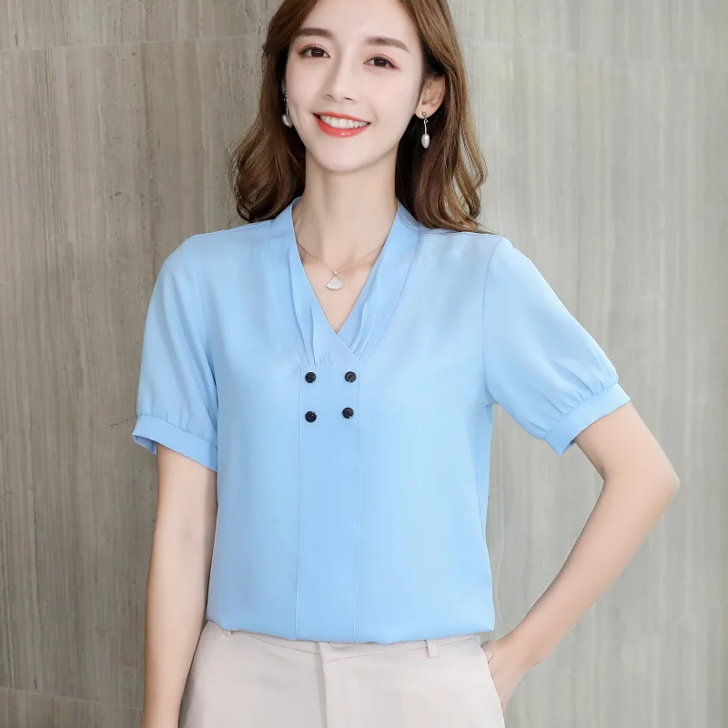 Neue Koreanische Chiffon Hemd Weibliche Mode Reine Farbe Kurzarm V Kragen Bluse Frauen Damen Frühling Sommer Dünne Shirts Top h9105