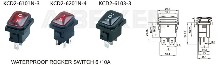 3 Way Position 3Pins IP65 ON-OFF-ON 6A/125V 10A/250VAC KCD2-6103-3 Rocker Switch Black Plastic Rocker Boat Switch