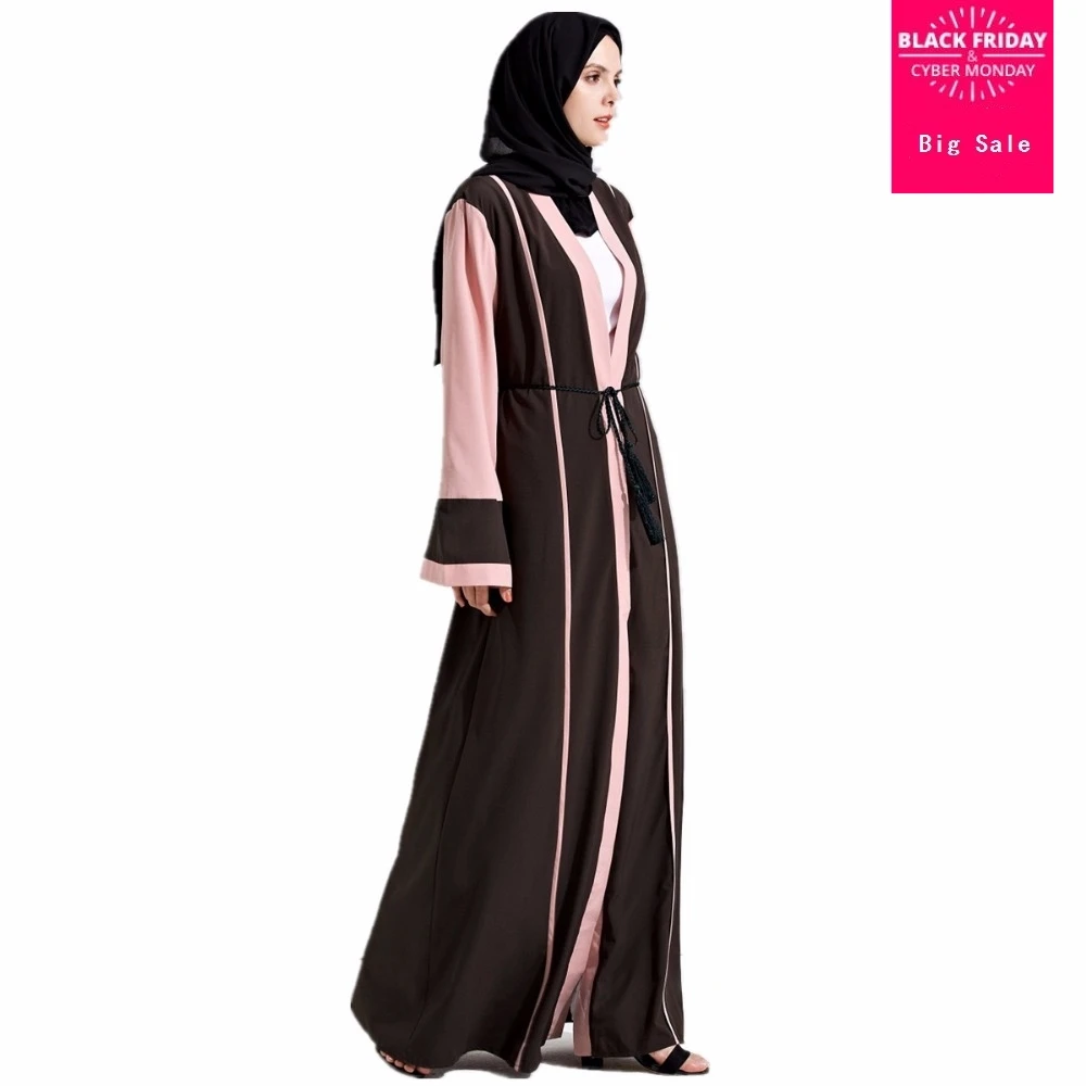 

Rmadan Eid Fashion Muslim striped Hit Color Robe Musulmane Kimono Dubai Abaya Muslim Robe Arab Worship Service wj1699 with blet