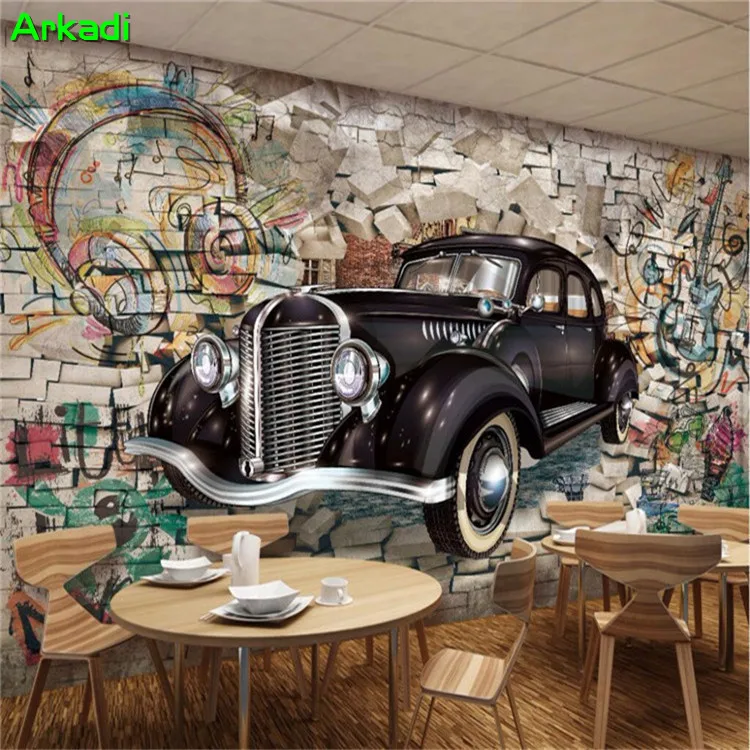 

Custom Photo Wallpaper Mural Retro Vintage Car Graffiti Brick Wall 3D Restaurant Bar Mural Wall