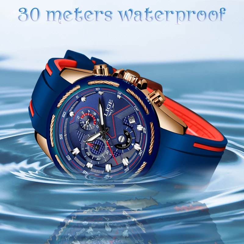 LIGE New Men Watches Top Brand Luxury Blue Silicone Strap Waterproof Watch Sport Chronograph Quartz WristWatch Relogio Masculino