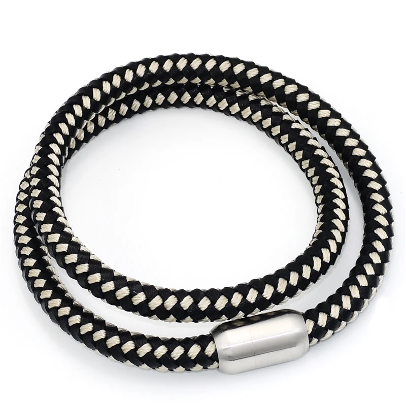 8MM Genuine Leather & Nylon Braided Cord Mens Boys Stainless Steel Magnetic Lock Necklace Chain Jewelry