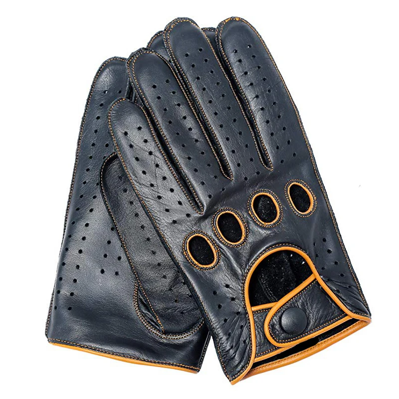 New Arrival Luxury Mens Leather Gloves Mittens Hole Button Breathable Goat Genuine Leather Men Driving Gloves For Male Mitten