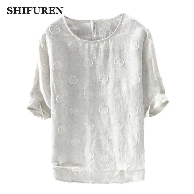 SHIFUREN Summer Breathable Cotton Linen Shirts Hlaf Sleeve Dots Jacquard Soft Causal Male Shirts Tops Solid Color Size M-XXL