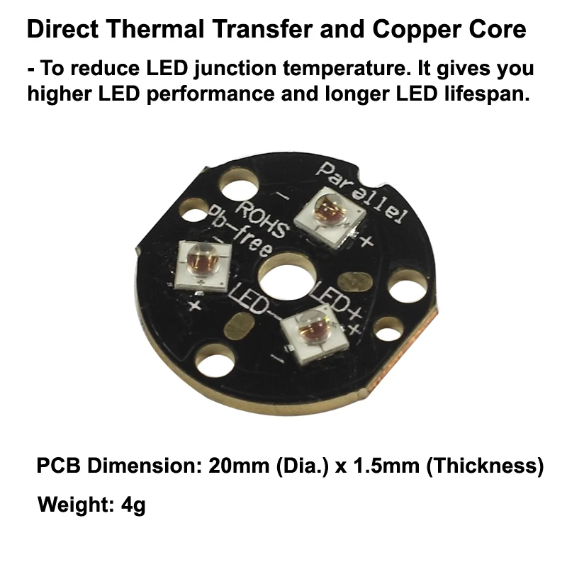 Triple Luminus SST-10-R 620nm Red LED Emitter with 20mm x 1.5mm DTP Copper PCB (Parallel) w/ optics