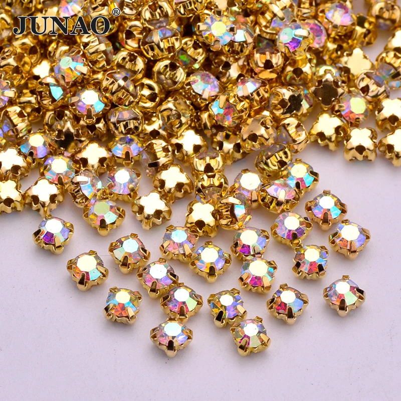 JUNAO SS12 1440pcs Sewing Gold Color Claw Rhinestones Glass AB Crystals Stones Sew On Flatback Strass For Clothes Dress Crafts