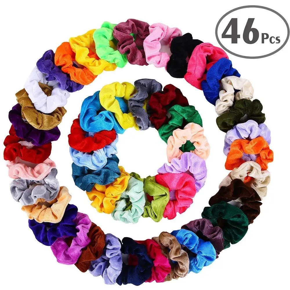 46 Pcs/Set Vintage Hair Scrunchies Stretchy Velvet Scrunchie Pack Women Elastic Hair Bands Girl Headwear Solid Rubber Hair Ties