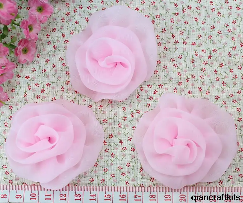 60pcs Rolled chiffon organza fabric flower rose flower hairclip LightPink Organza Roses. Pink Cabbage Roses by0157