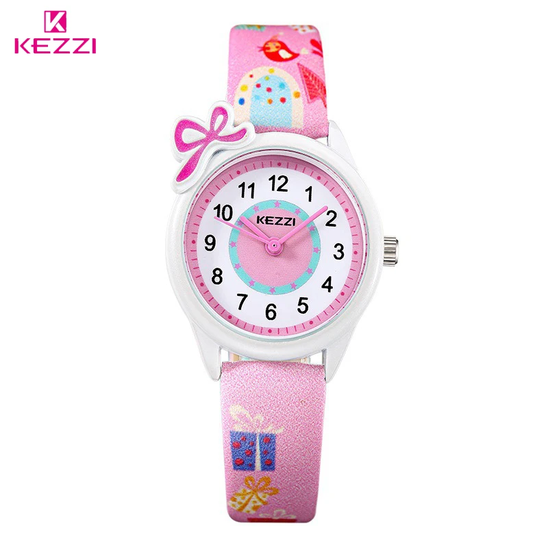 KEZZI Cute Bow Cartoon Watches Waterproof Girl Kid Children Wristwatches Round Dial Printings Leather Strap Quartz Watch Reloj