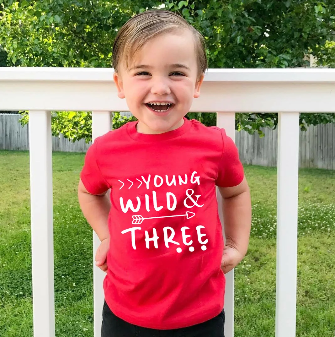 Young Wild and Three Toddler Kids Tshirt 3rd Birthday Shirt Girl Boy Cute Shirt Tops Fashion Style Children Party Gift