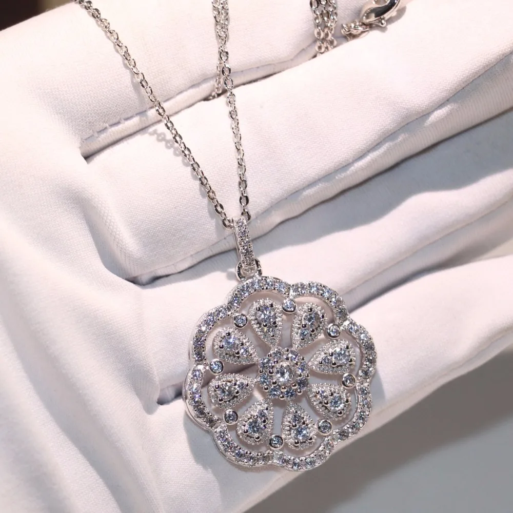 New Arrival Cool Flower Pendant  Luxury Jewelry 925 Silver Fill Full Pave AAA Cubic Zirconia Micro CZ Lucky Necklace for Women